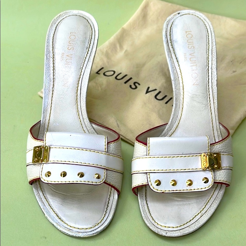 Vintage Louis Vuitton White Heels with Gold Studs and unique Hardware - Picture 3 of 10